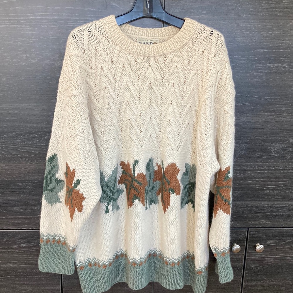 Nando HandKnit Extra Fine Alpaca Wool Oversized Sweater Cream & Green Le…